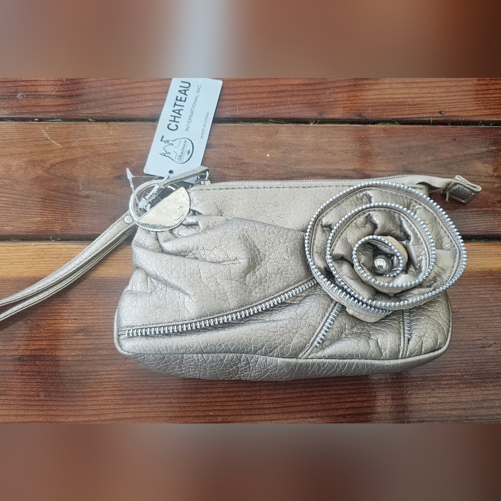 Chateau Metallic Wristlet Clutch Flower Zipper Accent Detachable Strap